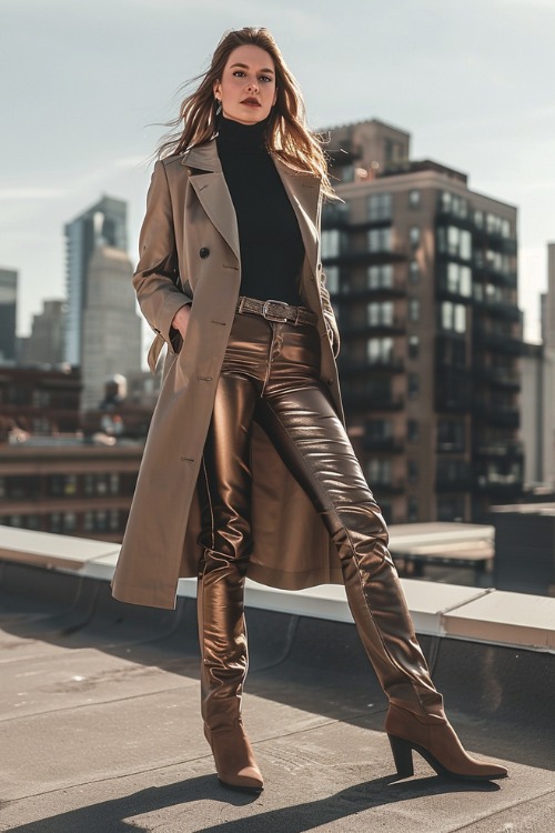 a woman wears brown ankle cowboy boots, a black turtleneck, a long trench coat with gold pants