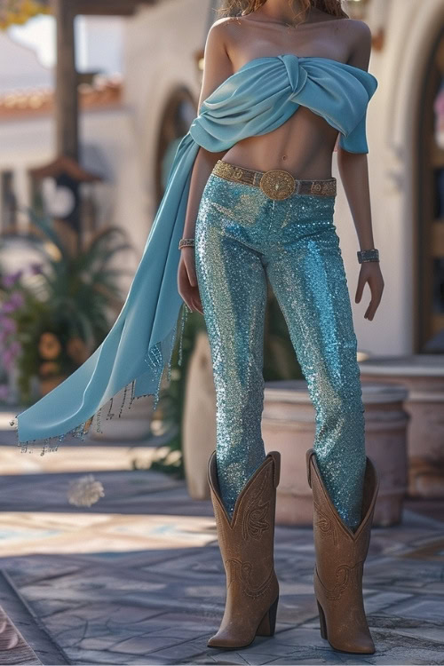 a woman wears brown cowboy boots, a blue top, and sparkly blue pants
