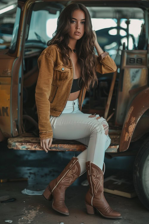 a woman wears brown cowboy boots, a brown jacket and white pants