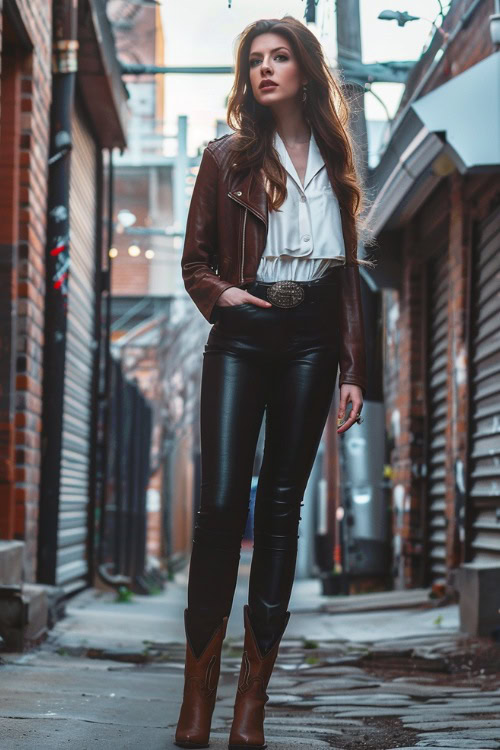 a woman wears brown cowboy boots, a brown leather jacket with leather leggings