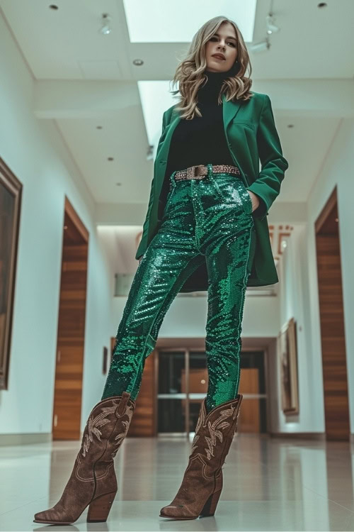 a woman wears brown cowboy boots, a green jacket, a black turtle neck and sparkly green pants