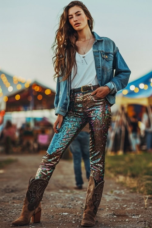 a woman wears brown cowboy boots, a jean jacket, a white t shirt and sparkly pants