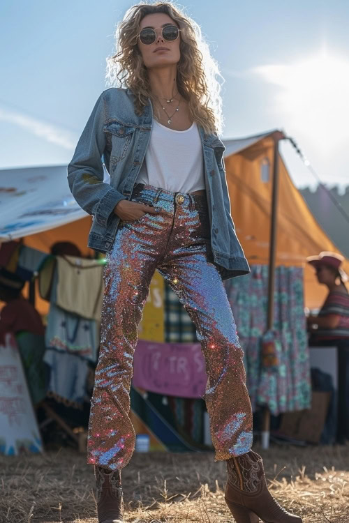 a woman wears brown cowboy boots, a jean jacket, a white top and sparkly pants