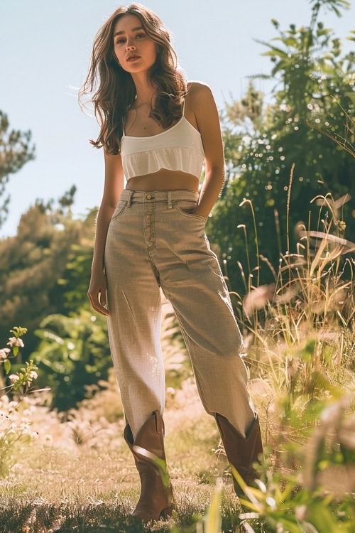 a woman wears brown cowboy boots, a white crop top and beige pants