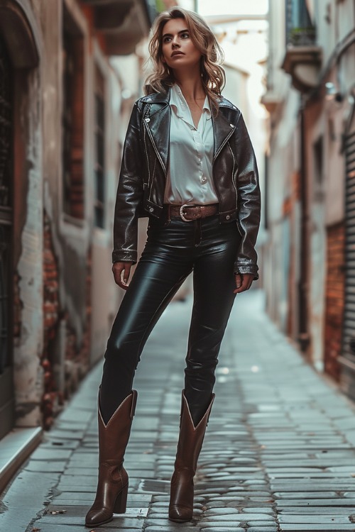 a woman wears brown cowboy boots, a white shirt, a leather jacket with leather pants