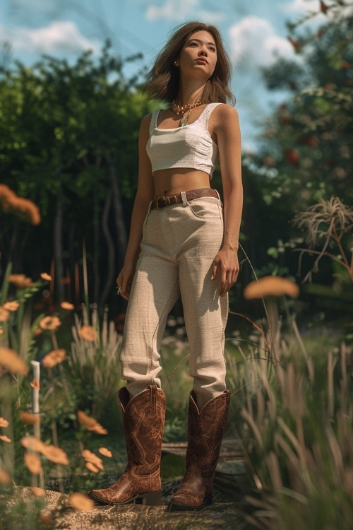 a woman wears brown cowboy boots, a white tank and pants
