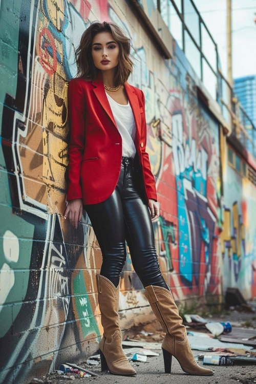 a woman wears brown cowboy boots, a white top, a red blazer and black pants