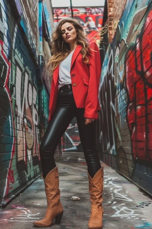 a woman wears brown cowboy boots, a white top, a red blazer and leather leggings