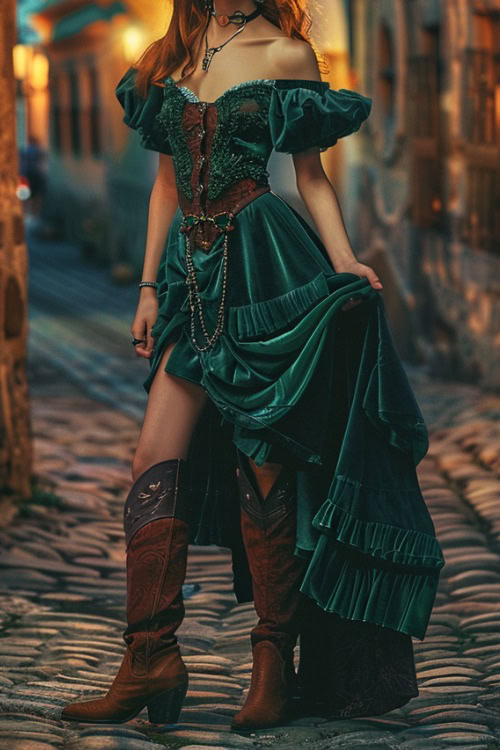 a woman wears brown cowboy boots and a green dress