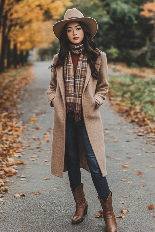 a woman wears brown cowboy boots with jeans and a beige trench coat