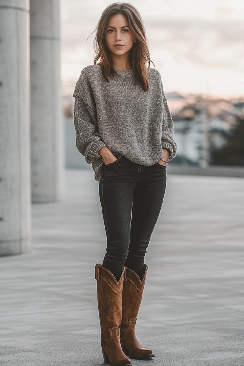 a woman wears brown cowboy boots with jeans and a gray sweater