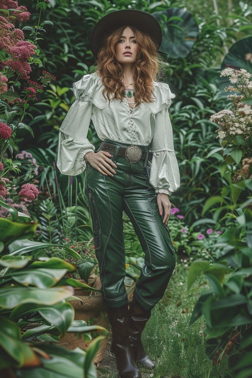 a woman wears cowboy boots, a white blouse, a hat with green pants