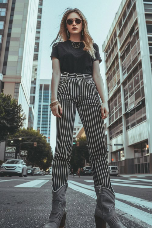 a woman wears grey cowboy boots, a black top and striped pants