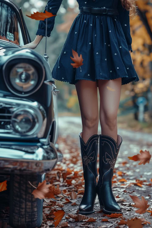 a woman wears navy short dress with black cowboy boots