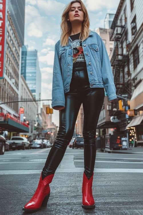 a woman wears red cowboy boots, a black top, a denim jacket and leather pants