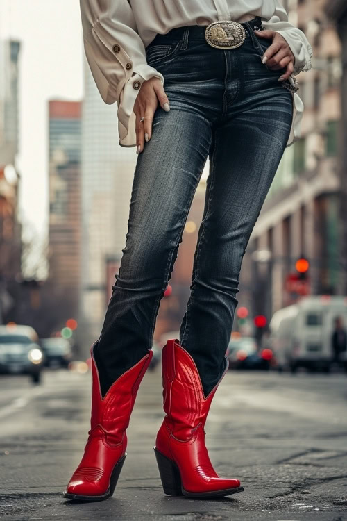 a woman wears red cowboy boots, a blouse and jeans