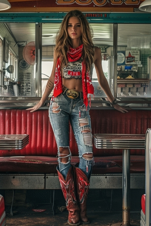 a woman wears red cowboy boots, a crop top and ripped blue jeans