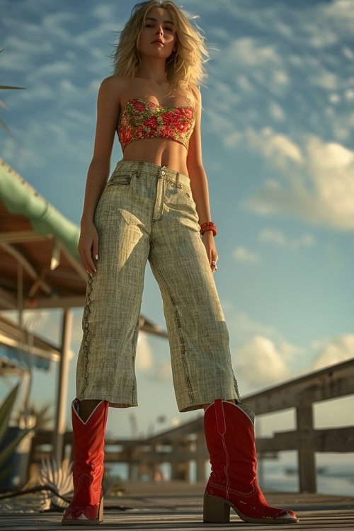 a woman wears red cowboy boots, a floral crop top and crop pants
