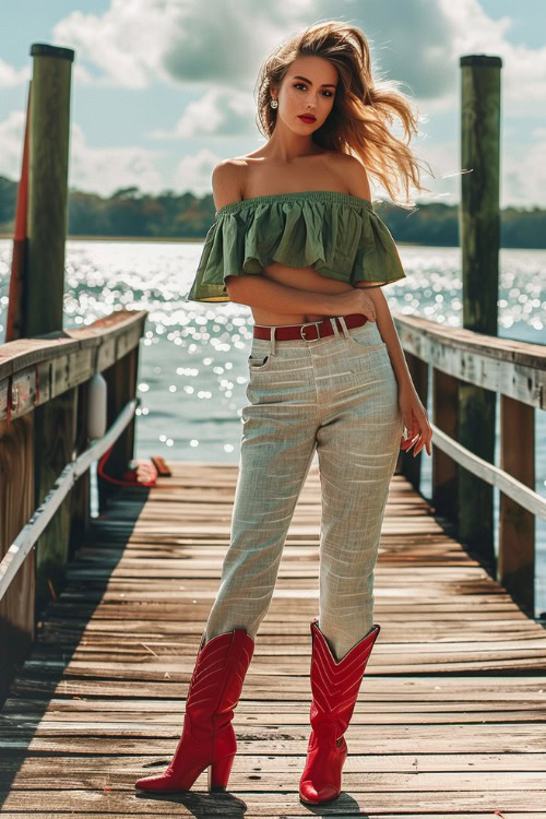 a woman wears red cowboy boots, a green top and beige linen pants