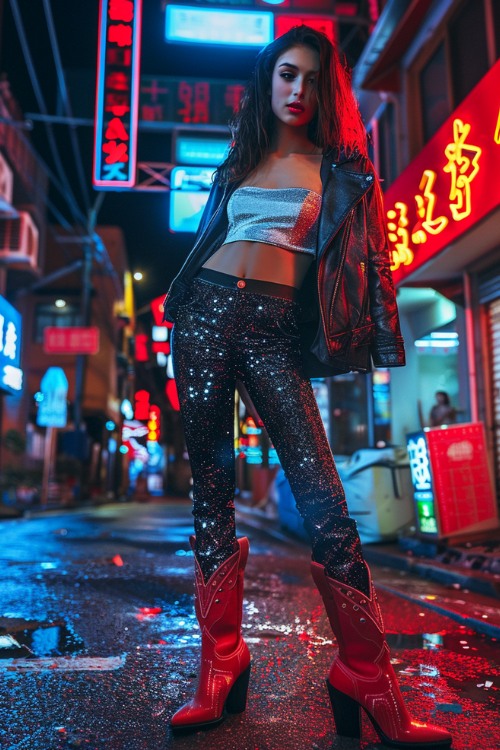 a woman wears red cowboy boots, a leather jacket, a silver top, with sparkly pants