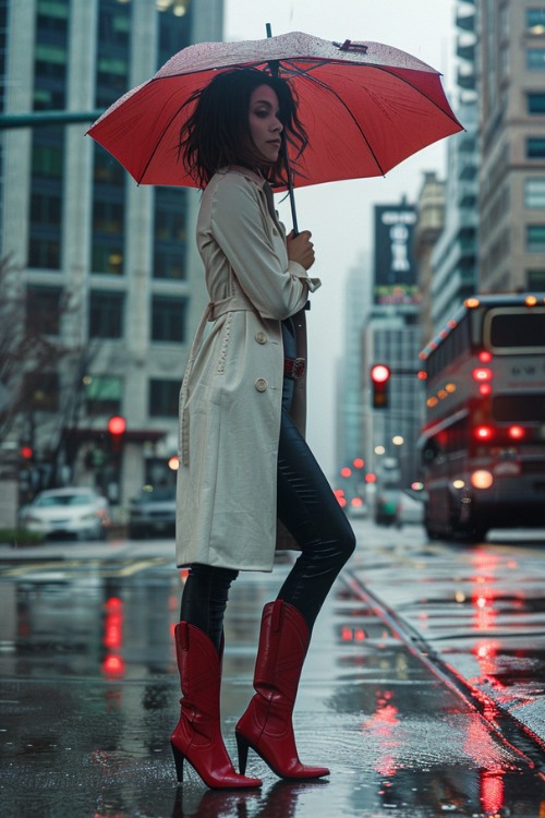 a woman wears red cowboy boots, a long trench coat with black pants