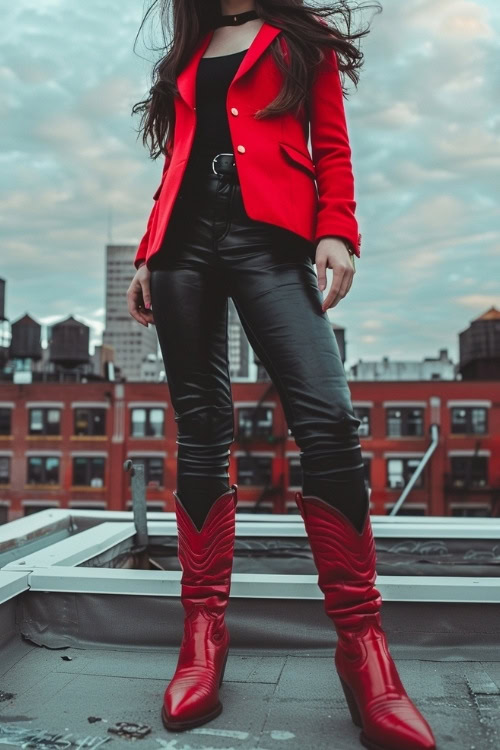 a woman wears red cowboy boots, a red blazer and black pants
