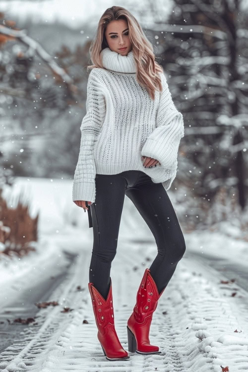 a woman wears red cowboy boots, a sweater and black pants