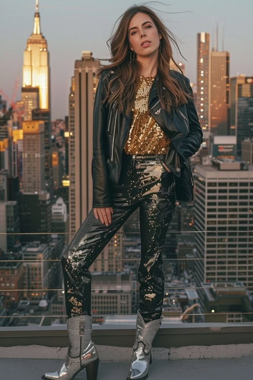 a woman wears silver cowboy boots, a jacket, a gold top and sparkly pants
