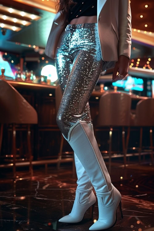 a woman wears white cowboy boots, a black top, a blazer and sparkly silver pants