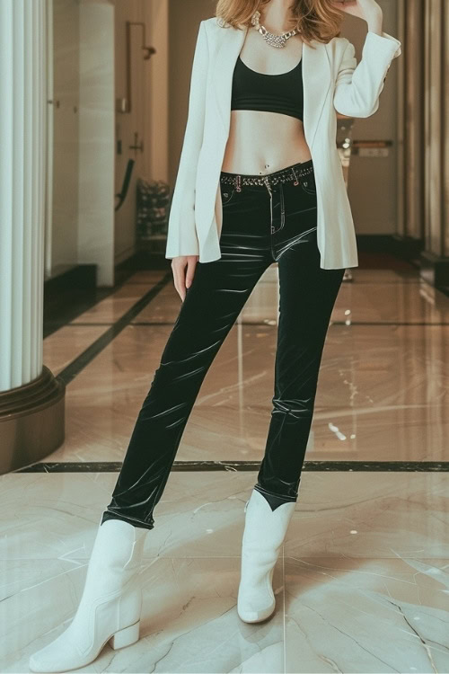 a woman wears white cowboy boots, a black top, a white blazer and velvet pants (2)