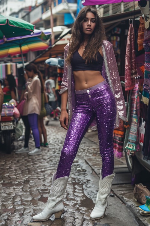 a woman wears white cowboy boots, a dark purple top, with sparkly purple pants