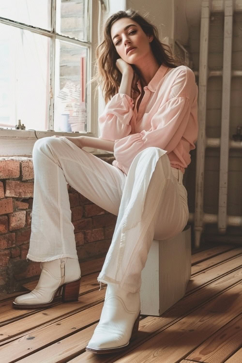 a woman wears white cowboy boots, a light pink blouse and white pants