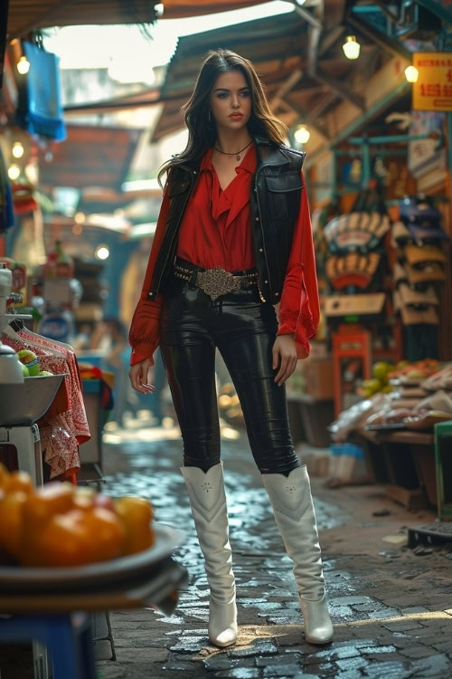 a woman wears white cowboy boots, a red blouse and a vest