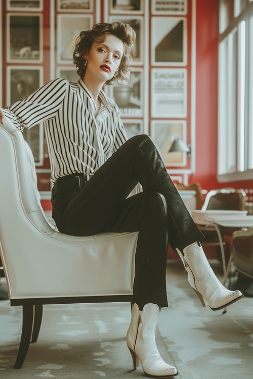 a woman wears white cowboy boots, a striped shirt and black pants (2)