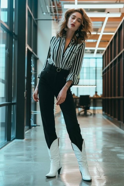 a woman wears white cowboy boots, a striped shirt and black pants