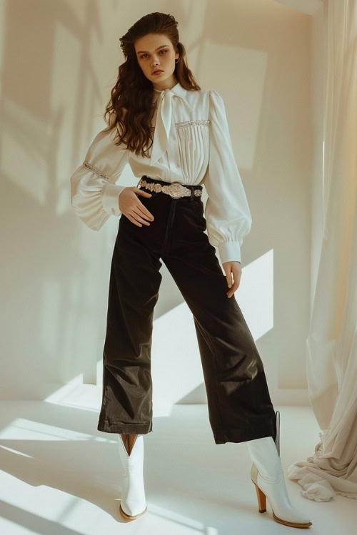 a woman wears white cowboy boots, a white blouse and black wide leg pants