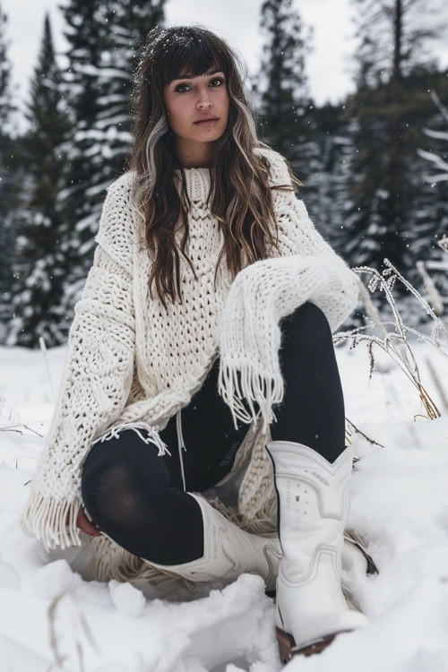 a woman wears white cowboy boots, a white crotchet sweater and leggings
