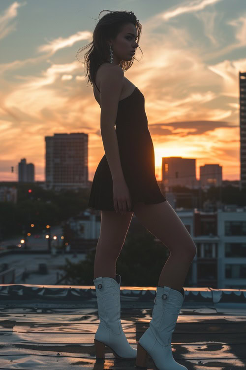 a woman wears white cowboy boots and a black off the shoulder dress