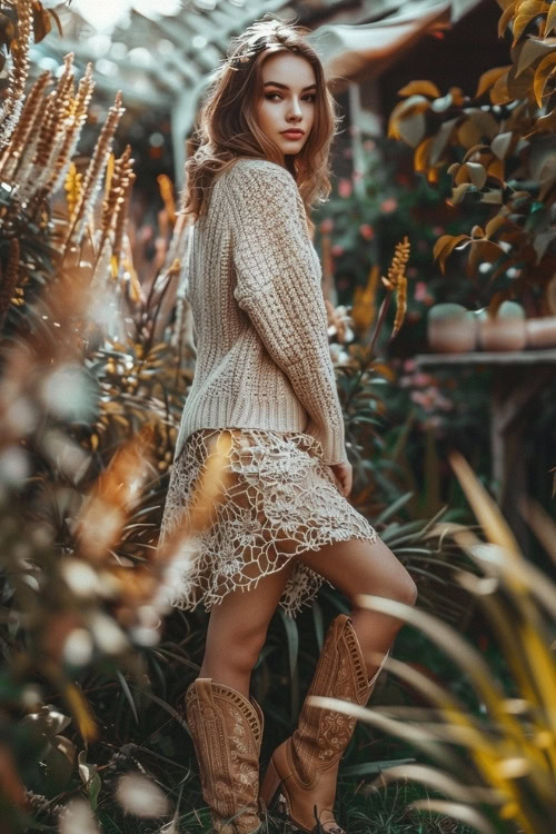 a woman wears a sweater, lace dress and brown cowboy boots wears a cardigan, lace dress and brown cowboy boots