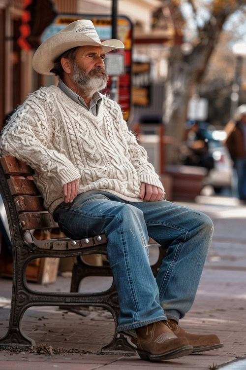 an old man wears a cream sweater, jeans and brown cowboy boots