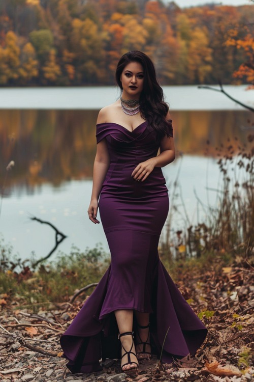 A curvy oman wears an off-the-shoulder plum mermaid-style wedding guest dress with strappy black heels