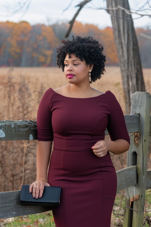 A curvy woman wears a burgundy off-the-shoulder wedding guest dress paired with a black clutch