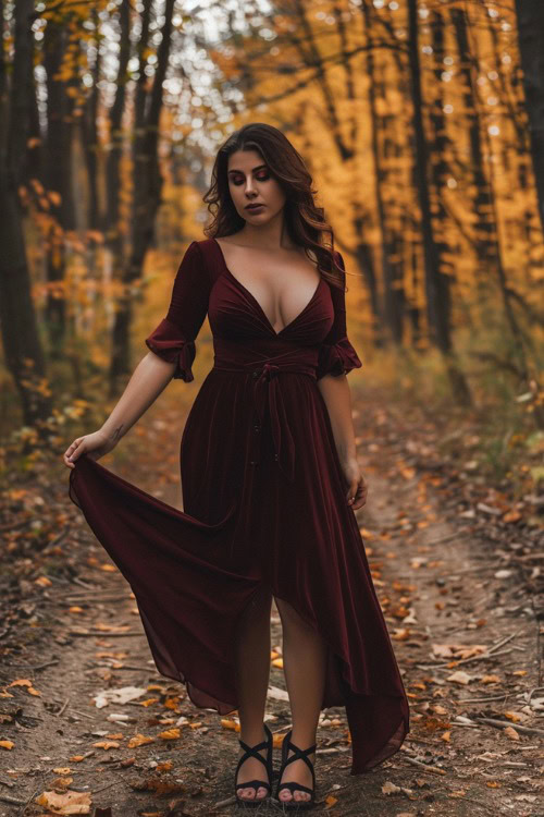 A curvy woman wears a burgundy wedding guest dress with a deep neckline and heels