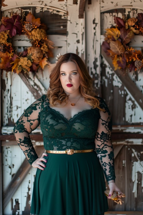 A curvy woman wears a green lace wedding guest dress with a gold belt