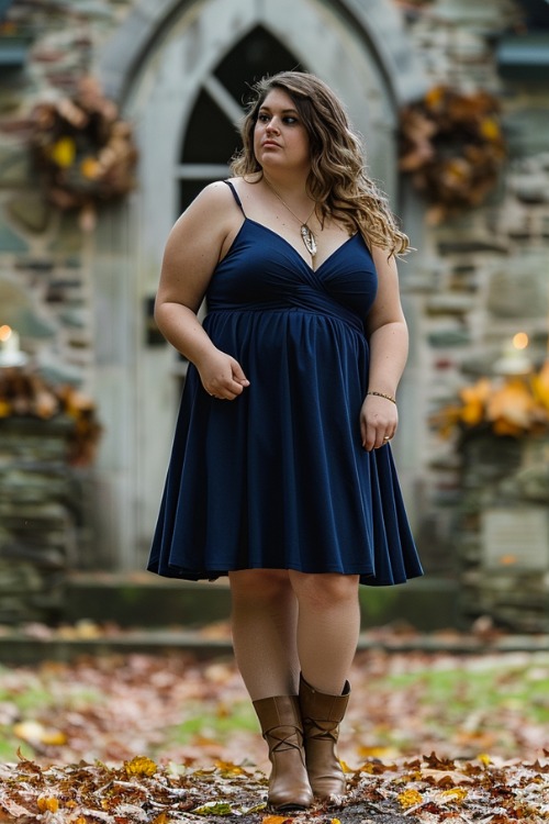 A curvy woman wears a navy spaghetti strap wedding guest dress with brown boots