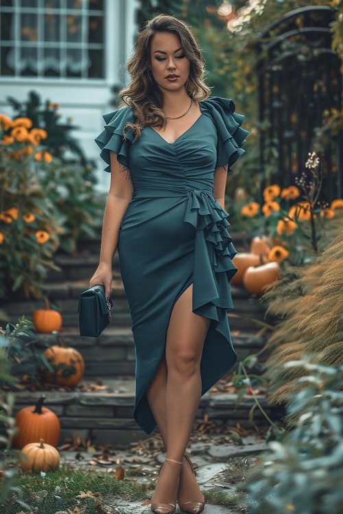 A curvy woman wears a teal ruffled wedding guest dress with a front slit and gold heels