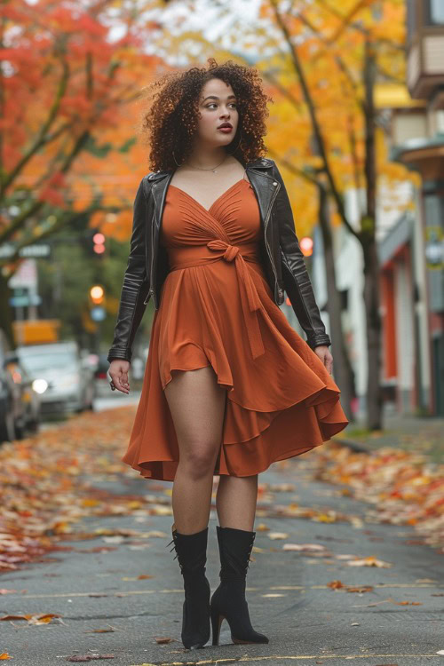 A curvy woman wears an orange asymmetrical wedding guest dress with a black leather jacket and black heeled boots