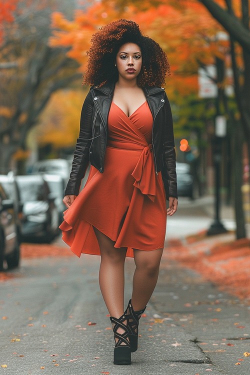 A curvy woman wears an orange wrap-style wedding guest dress with a black leather jacket and strappy heels