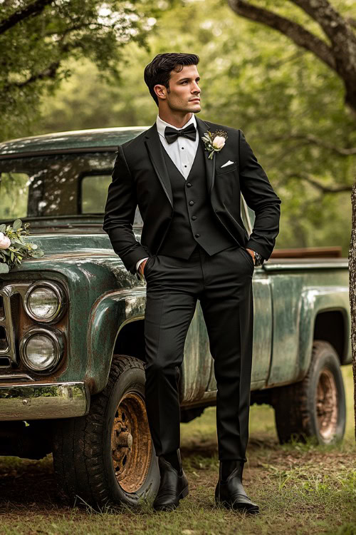 A groomsman wears a black suit with black cowboy boots and a black bow tie