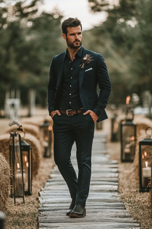 A groomsman wears a black suit with black cowboy boots and a black shirt (2)